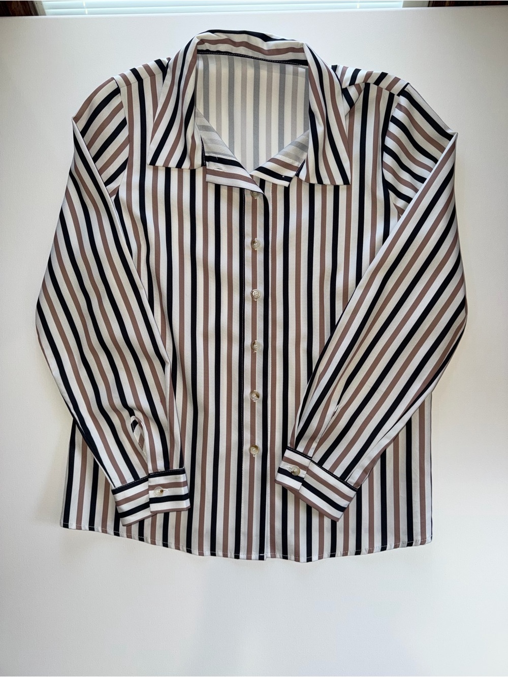 Striped Button-Front Blouse in Black, White & Brown